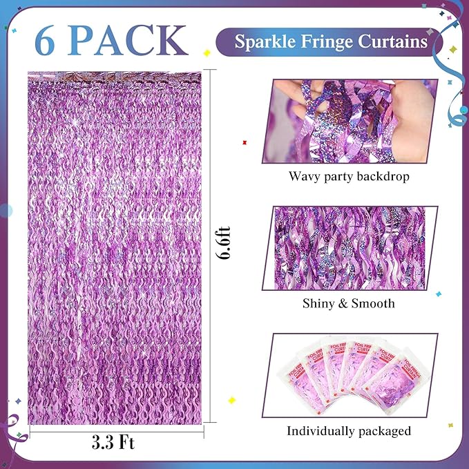 Jutom 6 Pieces 3.3 x 6.6 ft Wavy Tinsel Foil Fringe Curtains Foil Fringe - Image 2