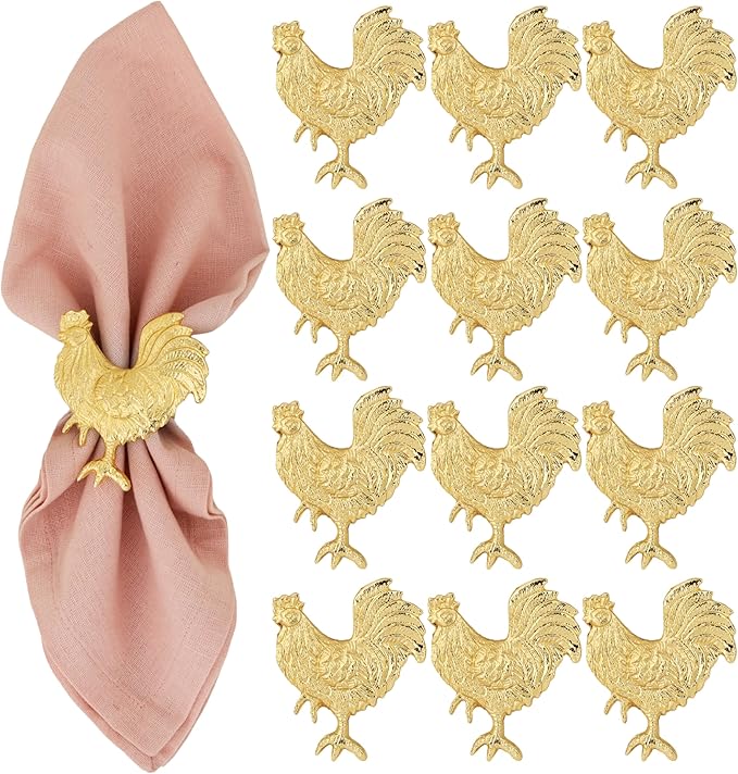 Set of 12 Rooster Napkin Rings for Farmhouse Table Decor | Premium Metal by ALPHALivingHOME