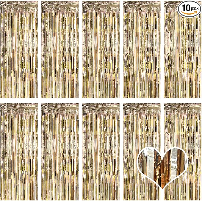10 Pack Champagne Gold Backdrop Curtain 3.2ft x 8.2ft Metallic Tinsel Foil by Ohiyoo