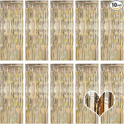 10 Pack Champagne Gold Backdrop Curtain 3.2ft x 8.2ft Metallic Tinsel Foil by Ohiyoo