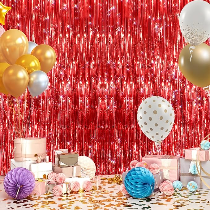 2Pack Red Foil Fringe Curtain, Glitter Red Metallic Tinsel Foil Fringe Curtains - Image 6