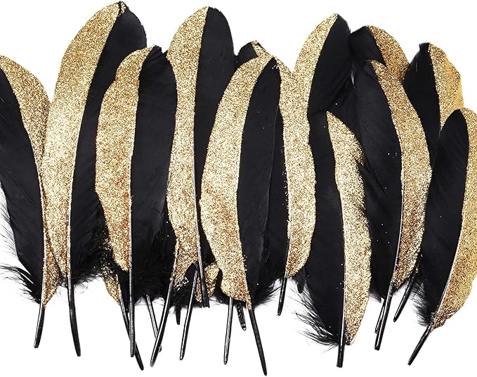 BABEYOND 42 Pcs 1920s Gatsby Gold Dipped Feather Natural Décor Glitter Feather by BABEYOND