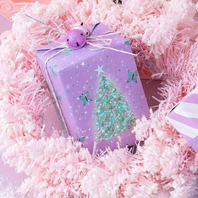 LeZakaa Christmas Purple Wrapping Paper Mini Roll, Christmas Tree Butterfly - Image 6