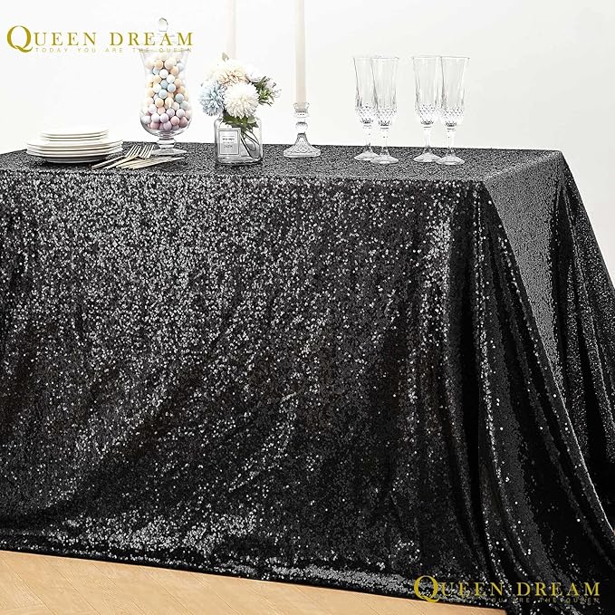 QueenDream Tablecloth 90x156 Rectangle Sequin Tablecloth Black Wedding Table - Image 7