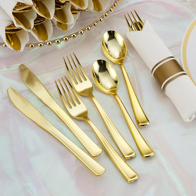 50 Pack Pre Rolled Gold Plastic Silverware Set - Image 5