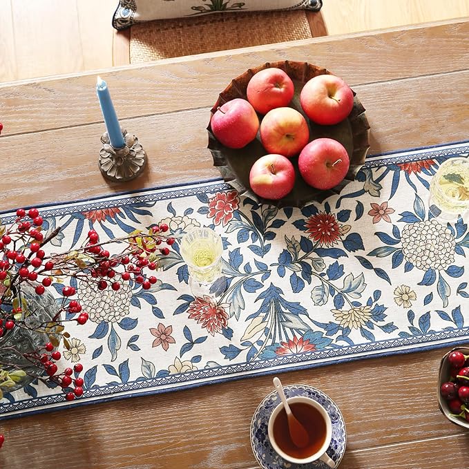 patdrea Designer Blue Cottage Rustic Floral Patterned Linen Table Runner 87 - Image 4