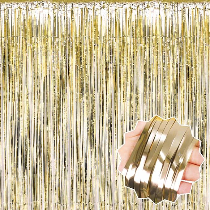 6 Pack Light Gold Foil Fringe Curtains Backdrop, 3.28 x 8.2 Ft Metallic by LANTIANCHEN