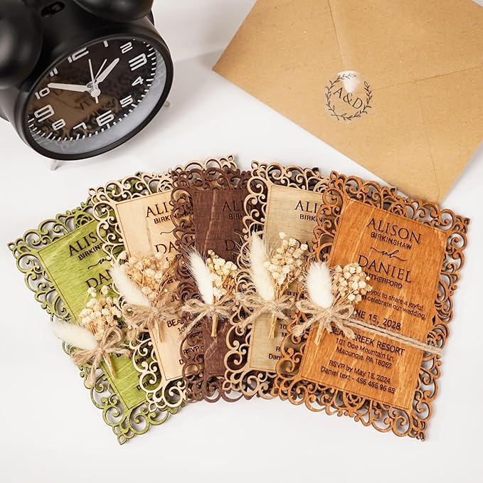 Personalized Wedding Invitations, Laser Cut Wedding Invitation, Flower Wooden - Image 2