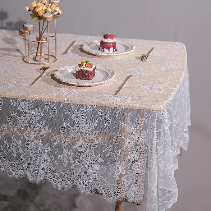 TINWIN Rectangle Lace Tablecloth 60x120 Inch White Vintage Runner Eyelash Fabric - Image 3