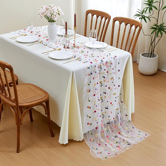 JIALE Ivory Floral Table Runner, Embroidery Daisy Seasonal Table Decorations - Image 2