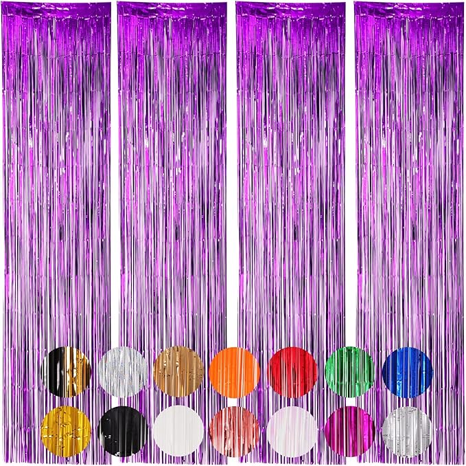 4 Pack Purple Foil Fringe Backdrop Curtains, Tinsel Streamers Birthday Party by Voircoloria