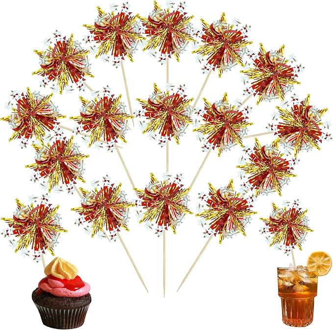 Ephlyn 30Pcs Foil Firework Cupcake Toppers Sparkle Tinsel Cupcake Picks Happy by Ephlyn