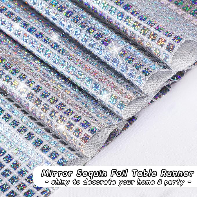 Durony 2 Pack Disco Table Runner 11 x 108 Inch Mirror Silver Laser Glitter Foil - Image 4