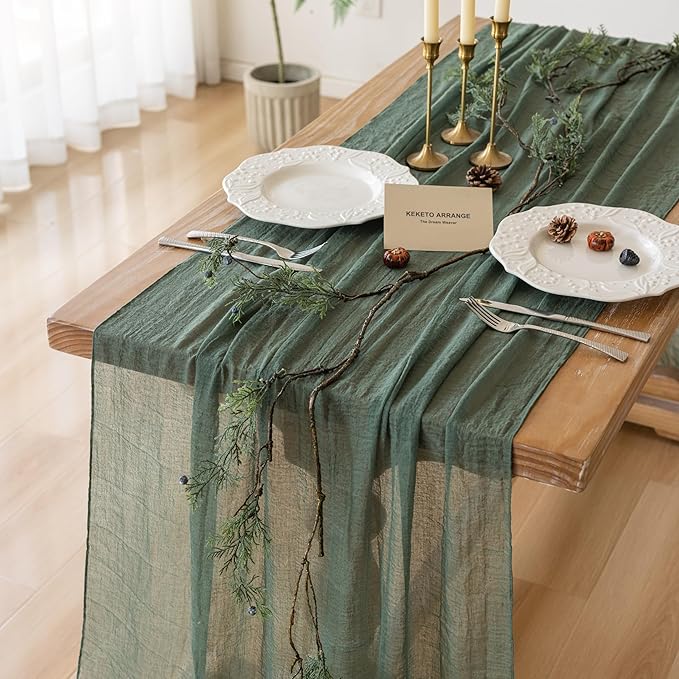 3Pcs Forest Green Gauze Rustic Cheesecloth Table Runner 120 Inch 10 FT by KEKETOARRANGE