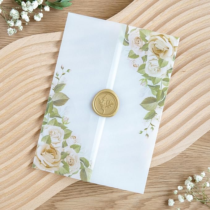 PONATIA 50PCS Vellum Jackets for 5x7 Invitation Cards- 135GSM Champagne Flowers - Image 5