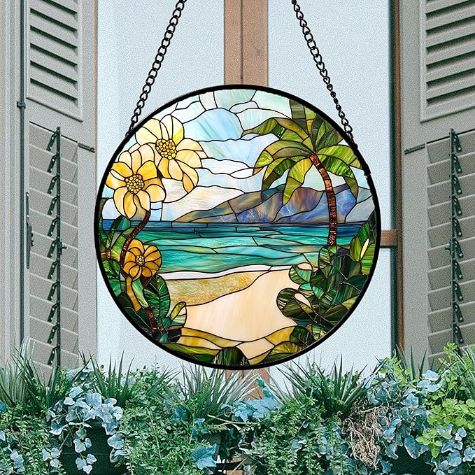 Stained Glass Window Hanging 4 Pcs Set Blue Ocean Coconut Tree Scenery 6.3" - Image 3