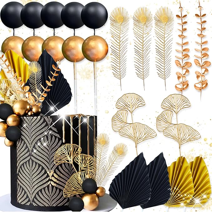 Boho Cake Topper Black Gold Balls Cake Topper Gold Leaves Cake Decorations Prom by RoaringGoodTime