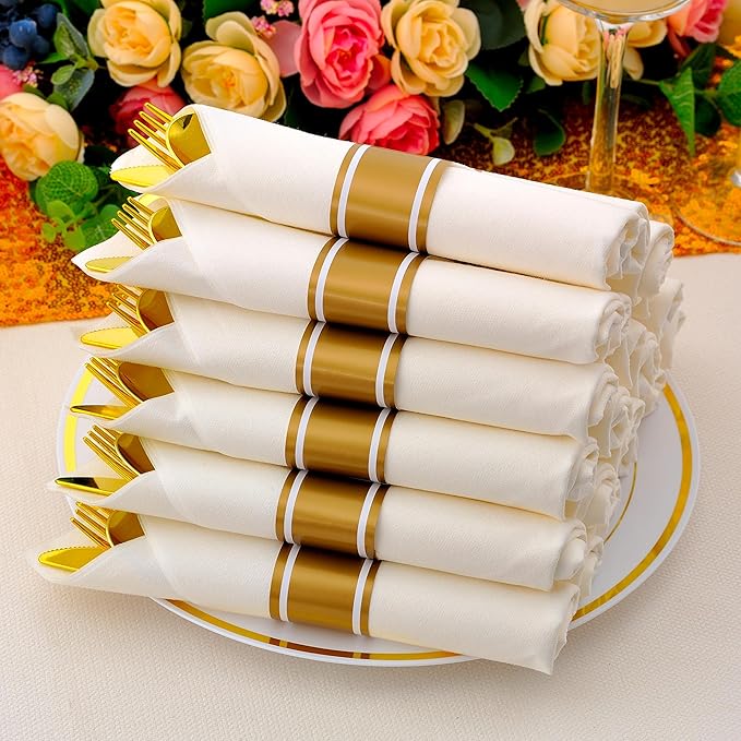 100 Pack Pre Rolled Gold Plastic Silverware Set - Image 5