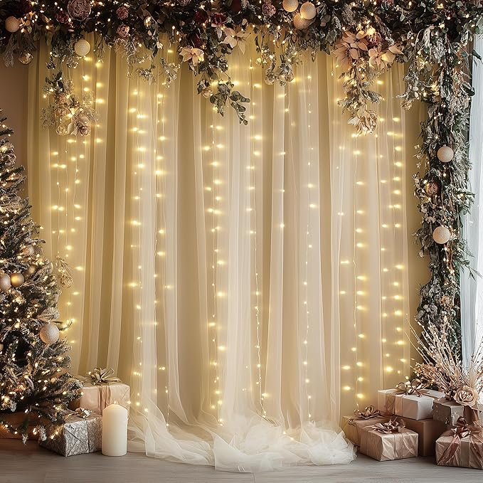 Tulle Backdrop Curtain with Lights String 30 X 8FT Champagne Sheer Tulle - Image 6