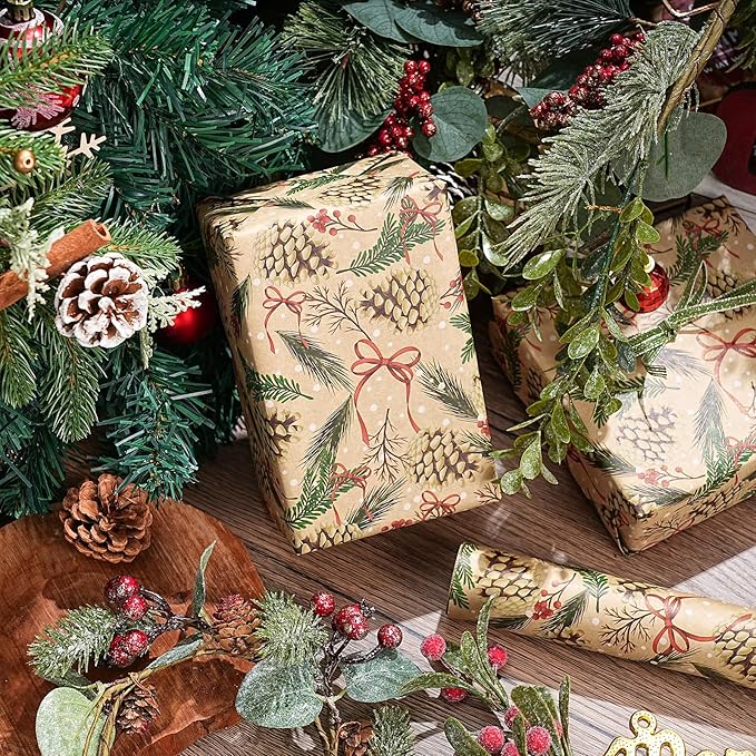 RUSPEPA Kraft Christmas Wrapping Paper Roll, Mini Roll, Pinecone and Greenery - Image 5