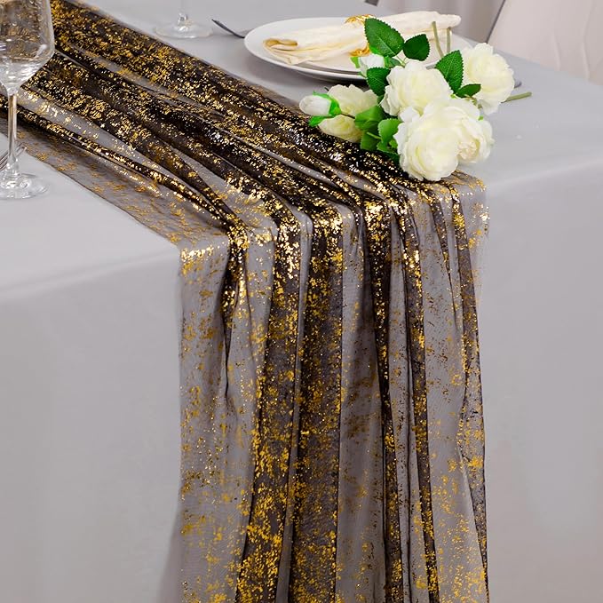 Snowkingdom 6 Pcs Black & Gold Cheesecloth Table Runner 10 FT, Sheer Chiffon by Snowkingdom