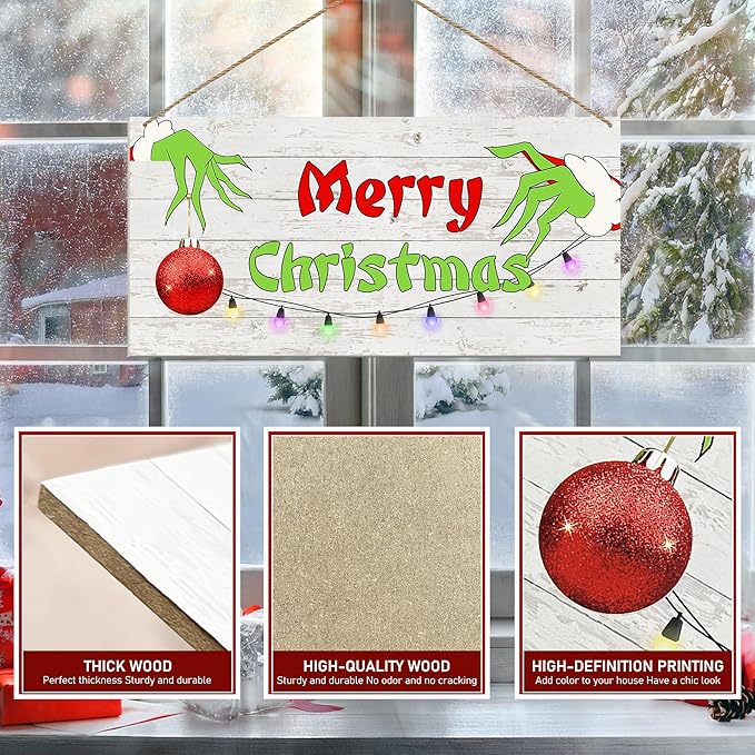 Merry Christmas Hanging Door Sign, Crazy Funny Green Festive Wooden Wall - Image 3