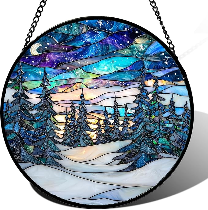 Stained Glass Window Hanging, Starry Sky Trees and Snow Sun Catchers Glass by DASTOLL