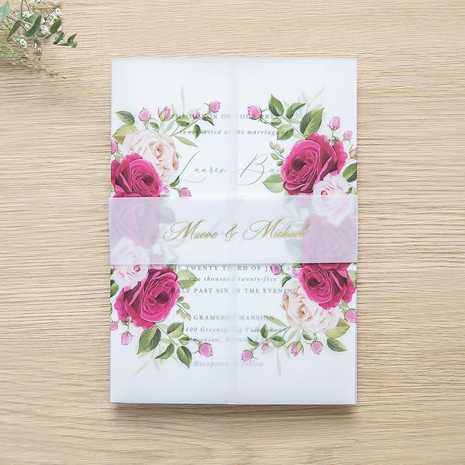 PONATIA 50PCS Vellum Jackets for 5x7 Invitation Cards- 135GSM Fuchsia Flowers - Image 6