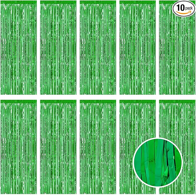 10 Pack Green Foil Curtain Backdrop 3.2ft x 9.8ft Metallic Tinsel Foil Fringe by Ohiyoo