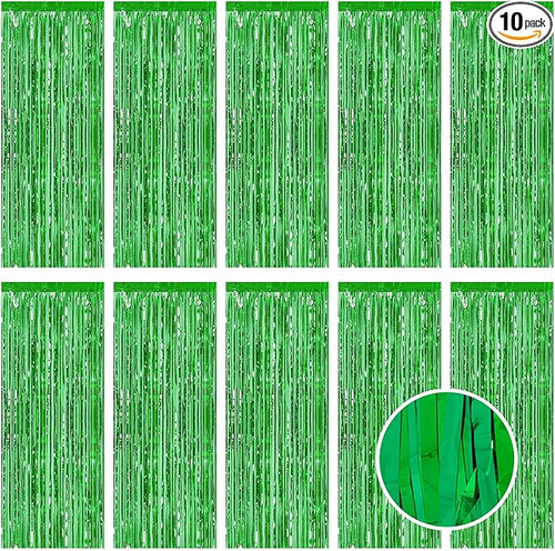 10 Pack Green Foil Curtain Backdrop 3.2ft x 9.8ft Metallic Tinsel Foil Fringe by Ohiyoo