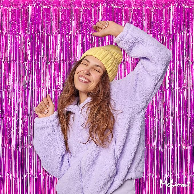 4 Pack Fuchsia Fringe Curtain Backdrop, 3.2Ft x 6.6Ft Metallic Tinsel Foil - Image 3