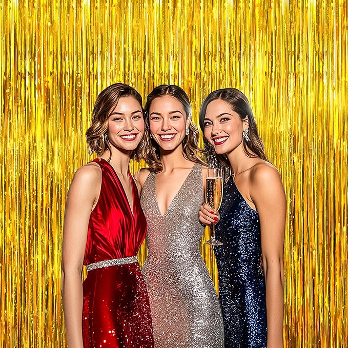 BTSD-home Gold Foil Fringe Curtain, Metallic Photo Booth Backdrop Tinsel Door - Image 5