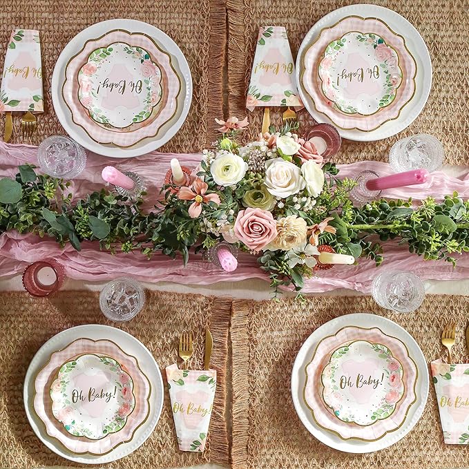Kate Aspen Baby Shower Onesie Pink Floral & Gingham Tableware Set - Image 4