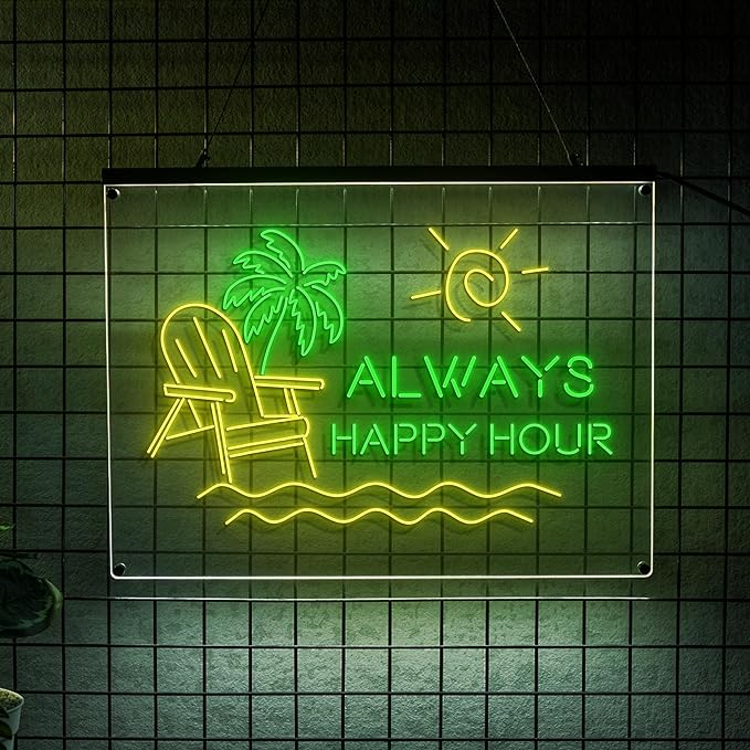 LIGHT UP LUXE Always Happy Hour Neon Sign, Bar Sign by LULMicaLedSign