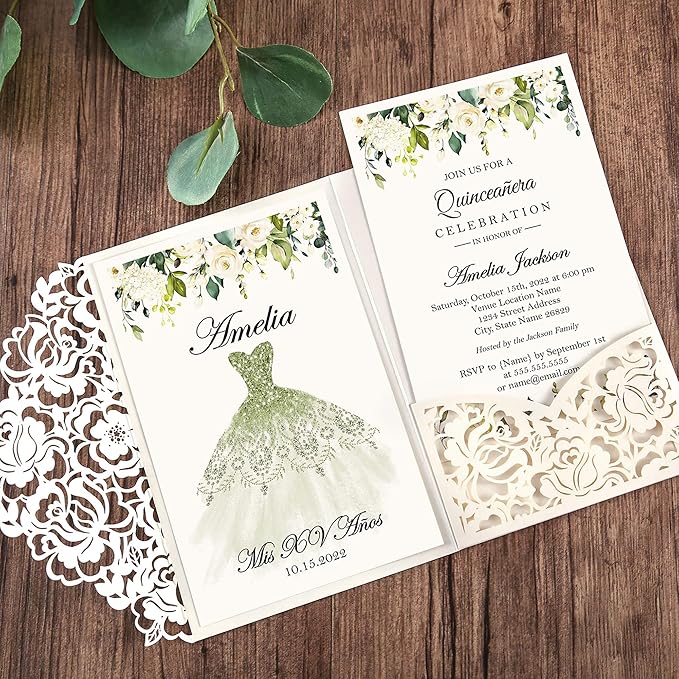 DORIS HOME 50pcs Laser Cut Quinceanera Invitations Green and Ivory White - Image 5