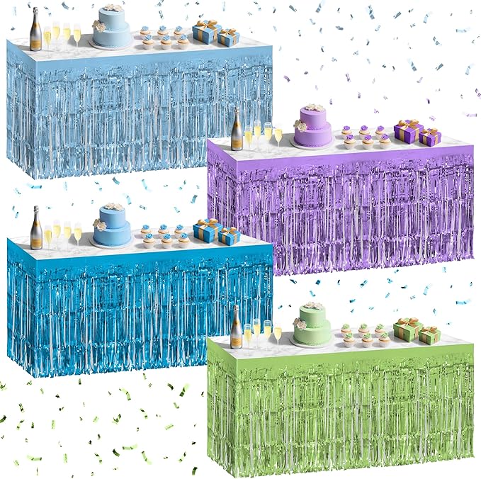 4 Pack Blue Lime Green Purple Series Table Skirts, 29x108" Metallic Foil Tinsel by Unknown