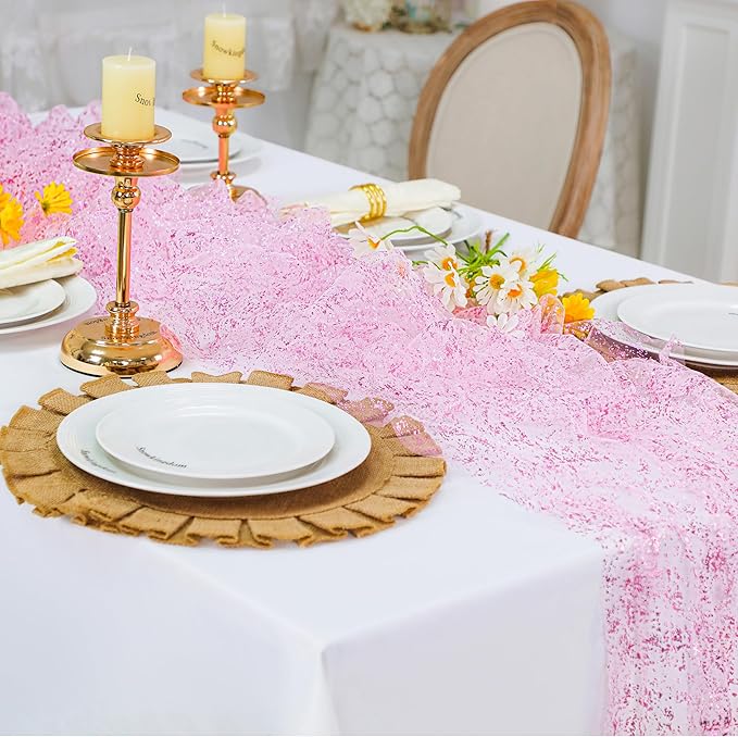 Snowkingdom 10 FT Pink Table Runner, Sequin Glitter Sheer Chiffon Gauze - Image 3