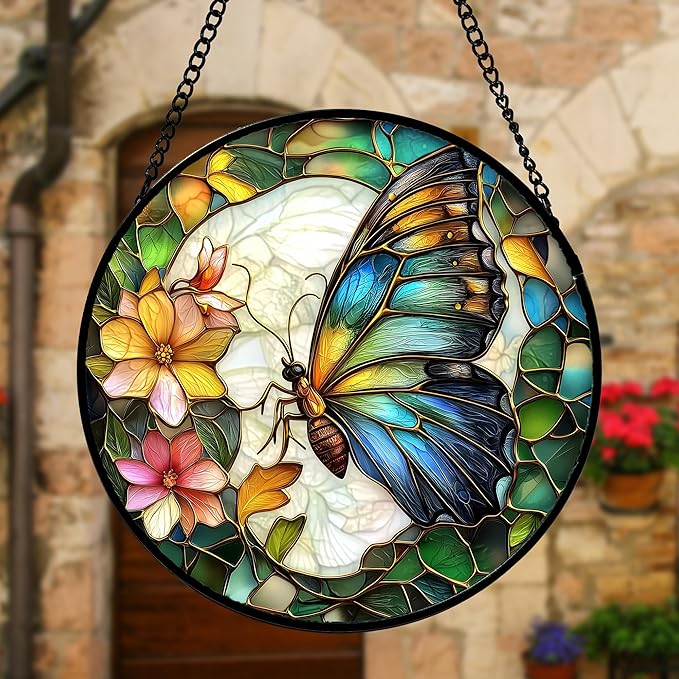 Stained Glass Window Hanging, Butterfly Flower Sun Catchers Diamond Glass Panel - Image 2