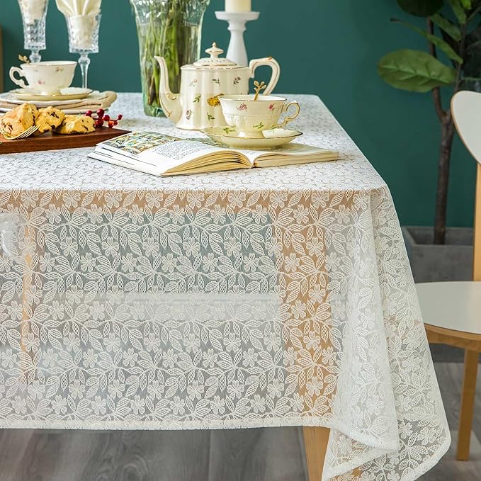 Lace Tablecloth Leaf Pattern Warp Knitting Fabric Solid White Rectangle/Oblong - Image 2