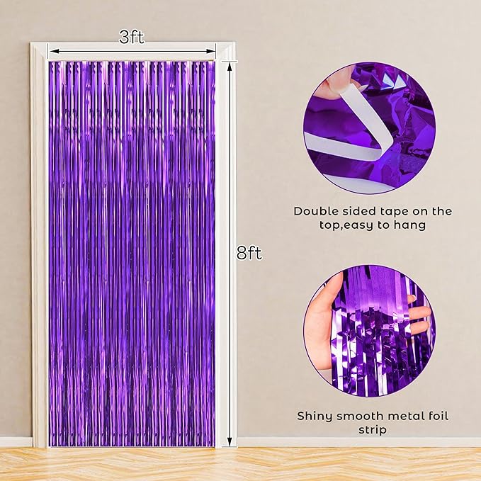 BTSD-home Purple Foil Fringe Curtain, Metallic Photo Booth Backdrop Tinsel Door - Image 3