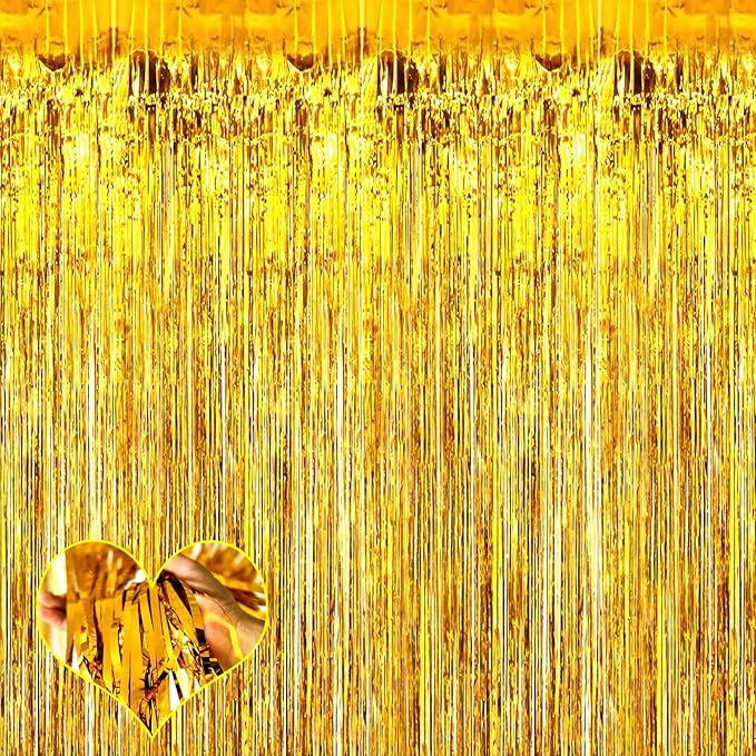 4 Pack Gold Fringe Curtain Backdrop, 3.2Ft x 6.6Ft Metallic Tinsel Foil Fringe by Mebiornt