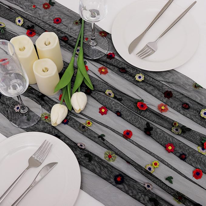 BINBE 1pcs Black Daisy Fall Table Runner Embroidery Gauze 10FT Florals Seasonal - Image 2