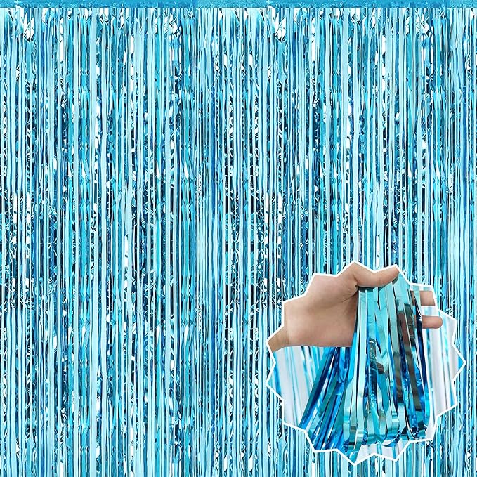 6 Pack Light Blue Foil Fringe Curtains Backdrop, 3.28 x 8.2 Ft Metallic by LANTIANCHEN