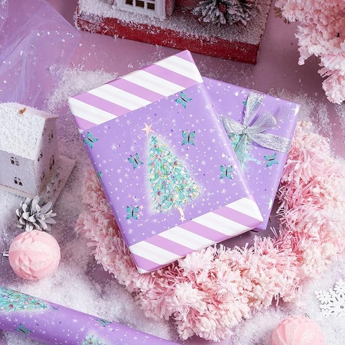 LeZakaa Christmas Purple Wrapping Paper Mini Roll, Christmas Tree Butterfly - Image 3