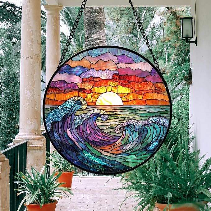 Stained Glass Window Hanging, Clouds and Sea Waves Suncatcher Diamond Glass - Image 4