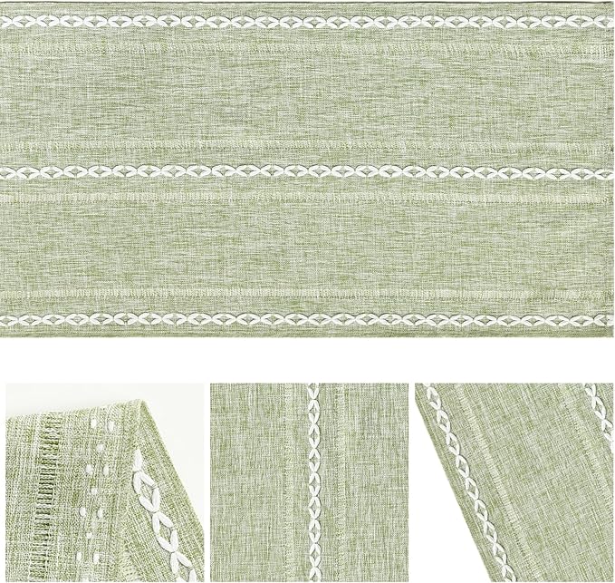 Artoid Mode Sage Green Rustic Cotton Linen Table Runner, Seasonal Embroidered - Image 6