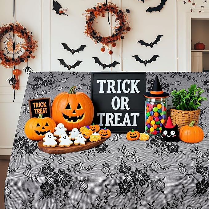 Black Tablecloth Halloween Lace Table Fabric 2pcs 60x120 Inch - Image 3