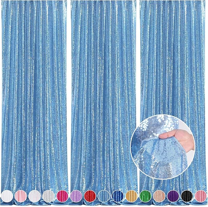 Sequin Backdrop Drapes 3 Panels Fabric Curtain 2FT x 8FT Baby Blue Wedding by QueenDream