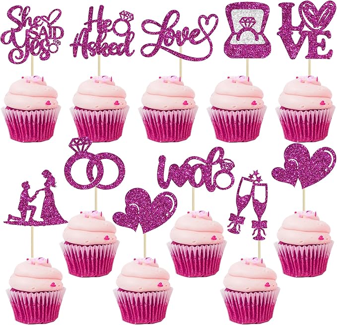 Ephlyn 30Pcs He Asked She Said Yes Cupcake Toppers Glitter Engagement Cupcake by Ephlyn
