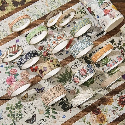 24 Rolls Vintage Washi Tape Set, Floral Letter Butterfly Mushroom Botanical - Image 7
